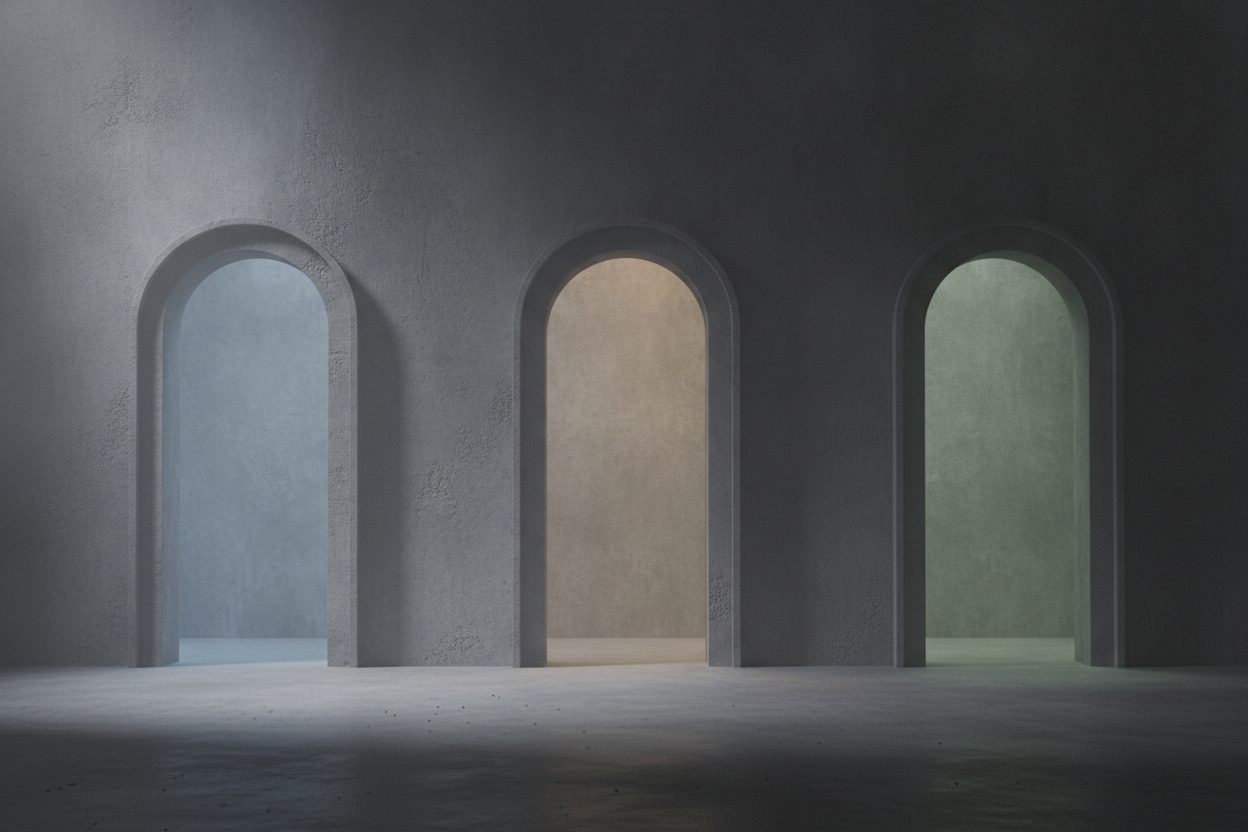 Three arched doorways in a concrete wall, each opening onto a different scene