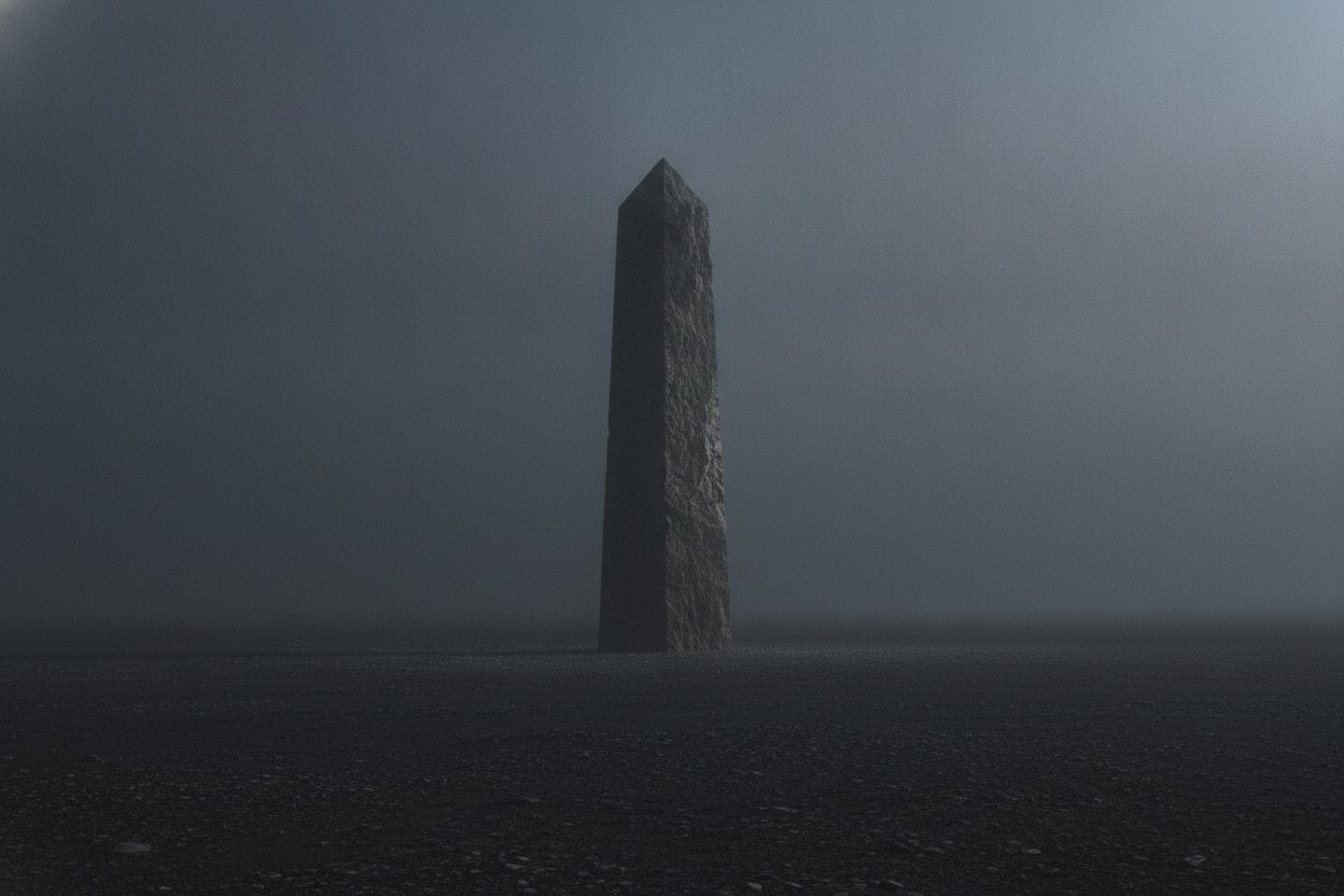 A single dark monolith standing on a wide plain at dusk